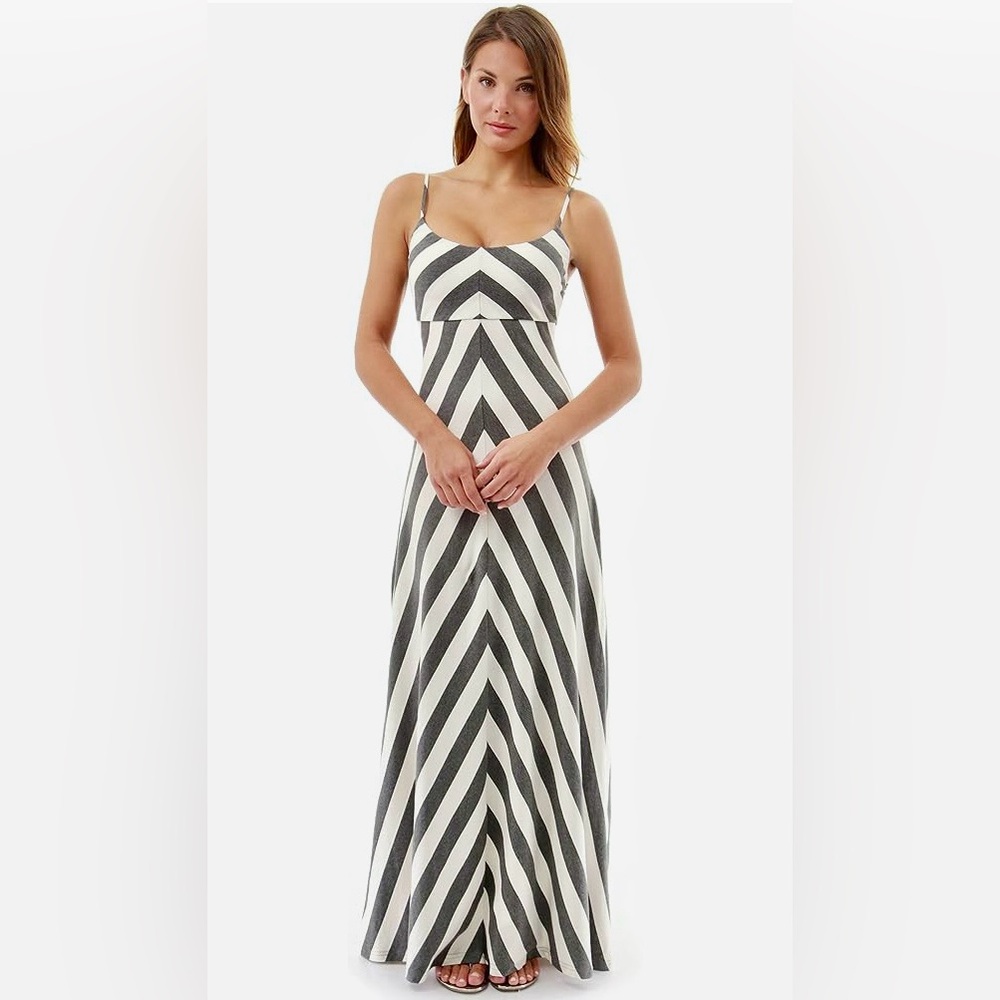 PattyBoutik Women's Striped Spaghetti Strap Maxi Dress (grey and ivory)